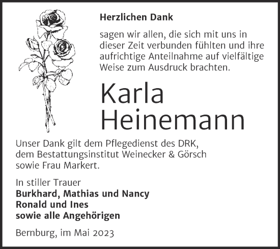 Traueranzeige von Karla Heinemann von Trauerkombi Bernburg