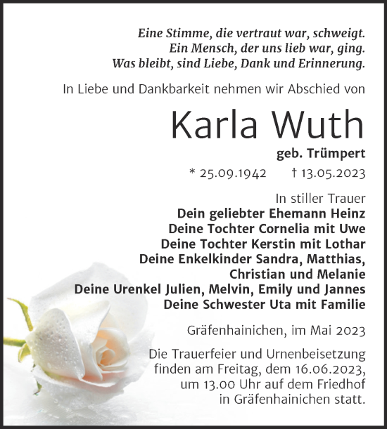 Traueranzeige von Karla Wuth von Trauerkombi Wittenberg