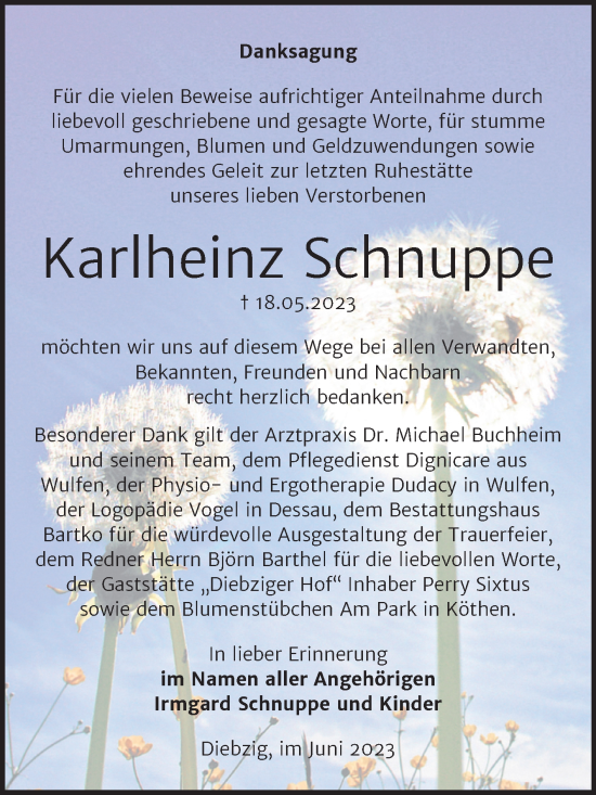 Traueranzeige von Karlheinz Schnuppe von Trauerkombi Köthen