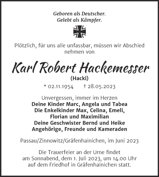 Traueranzeige von Karl Robert Hackemesser von Trauerkombi Wittenberg