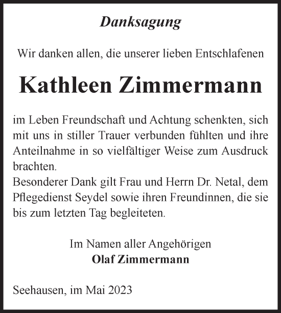 Traueranzeige von Kathleen Zimmermann von Volksstimme Altmark Ost