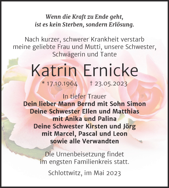 Traueranzeige von Katrin Ernicke von Trauerkombi Bitterfeld
