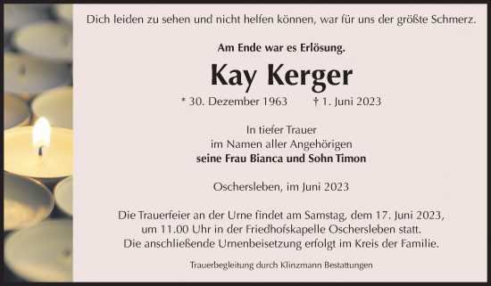 Traueranzeige von Kay Kerger von Volksstimme Oschersleben/Wanzleben