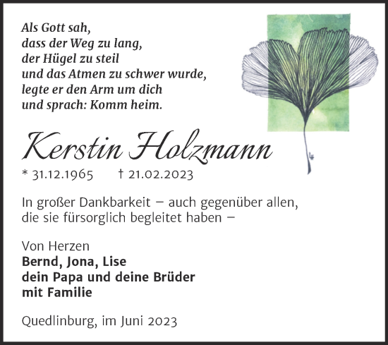 Traueranzeige von Kerstin Holzmann von Trauerkombi Quedlinburg