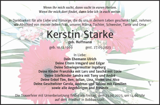Traueranzeige von Kerstin Starke von Trauerkombi Bitterfeld