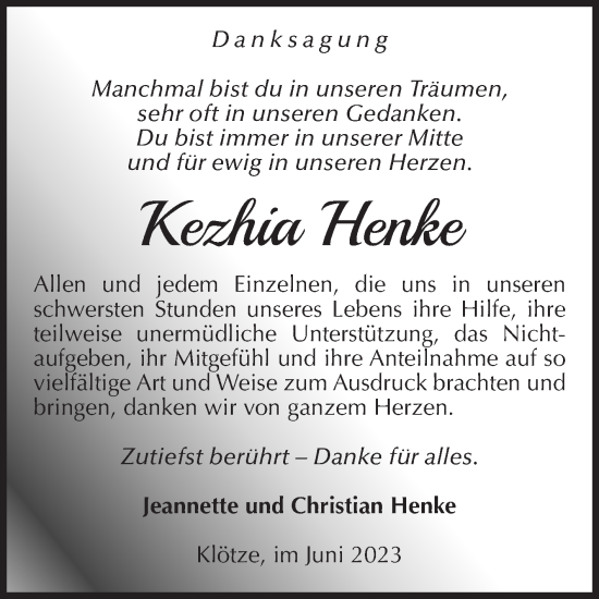 Traueranzeige von Kezhia Henke von Volksstimme Altmark West