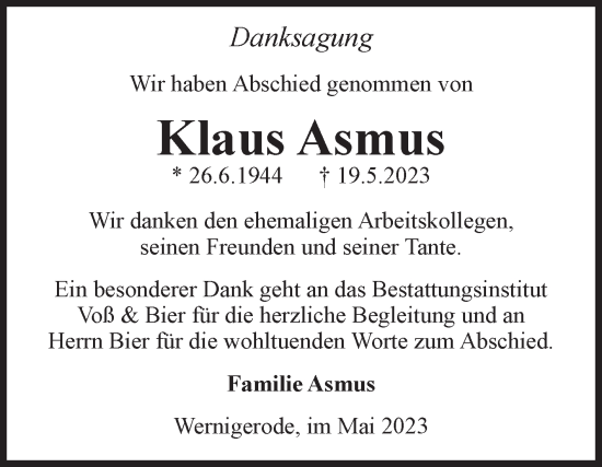 Traueranzeige von Klaus Asmus von Volksstimme Wernigerode
