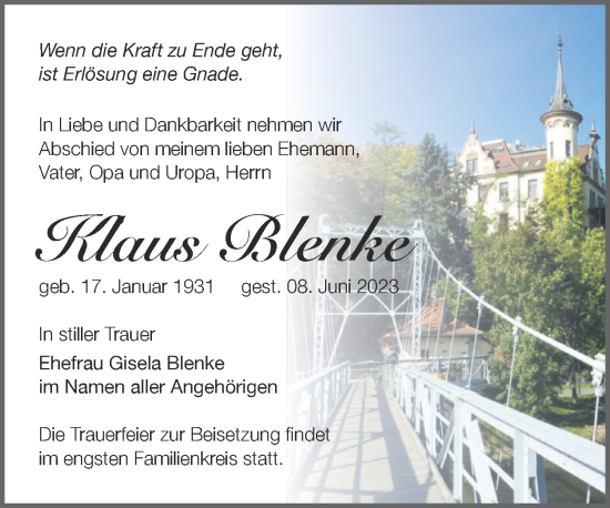 Traueranzeige von Klaus Blenke von Trauerkombi Dessau