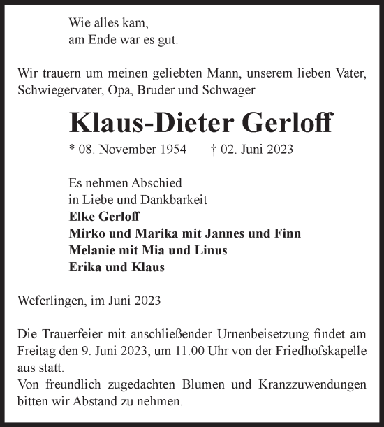 Traueranzeige von Klaus-Dieter Gerloff von Volksstimme Haldensleben/Wolmirstedt