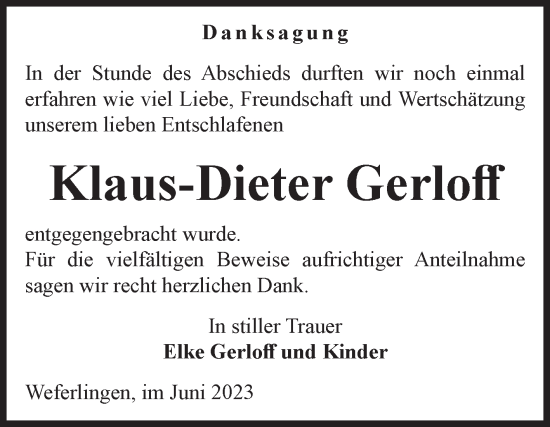 Traueranzeige von Klaus-Dieter Gerloff von Volksstimme Haldensleben/Wolmirstedt
