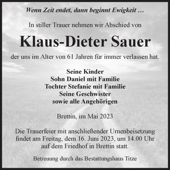 Traueranzeige von Klaus-Dieter Sauer von Volksstimme Burg/Genthin