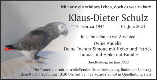 Traueranzeige von Klaus-Dieter Schulz von Trauerkombi Quedlinburg