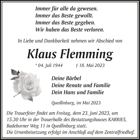 Traueranzeige von Klaus Flemming von Trauerkombi Quedlinburg