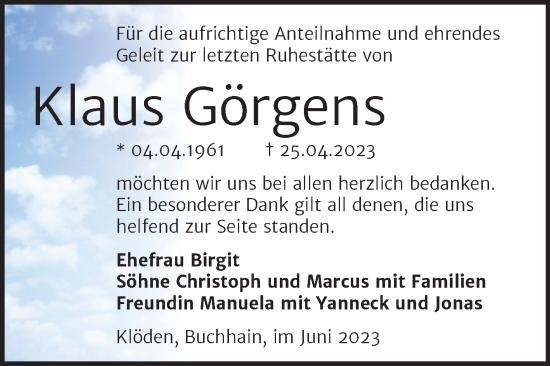 Traueranzeige von Klaus Görgens von Trauerkombi Wittenberg