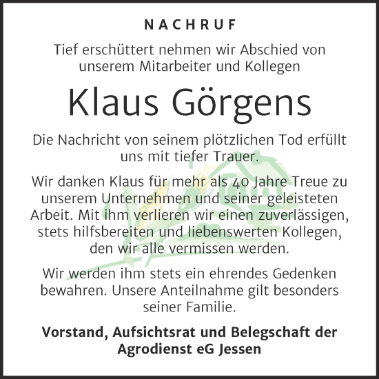 Traueranzeige von Klaus Görgens von Super Sonntag Wittenberg