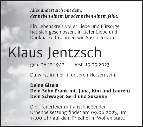 Traueranzeige von Klaus Jentzsch von Trauerkombi Bitterfeld