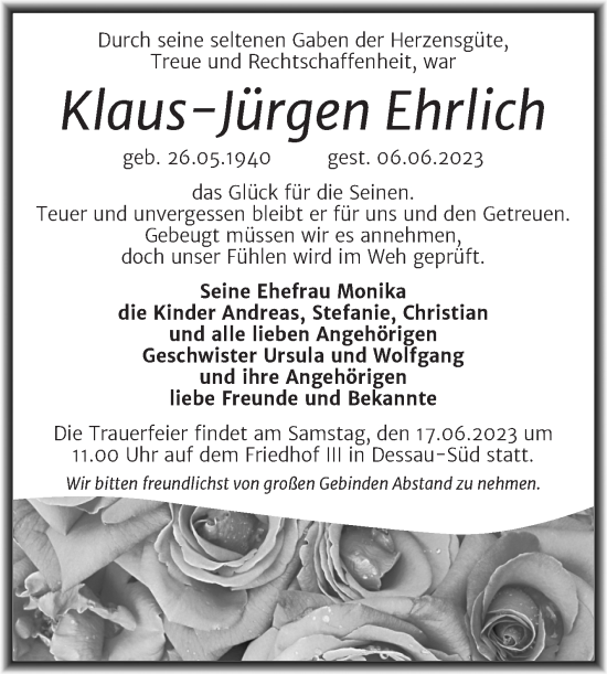 Traueranzeige von Klaus-Jürgen Ehrlich von Mitteldeutsche Zeitung Dessau-Roßlau