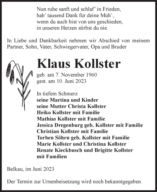 Traueranzeige von Klaus Kollster von Volksstimme Altmark Ost
