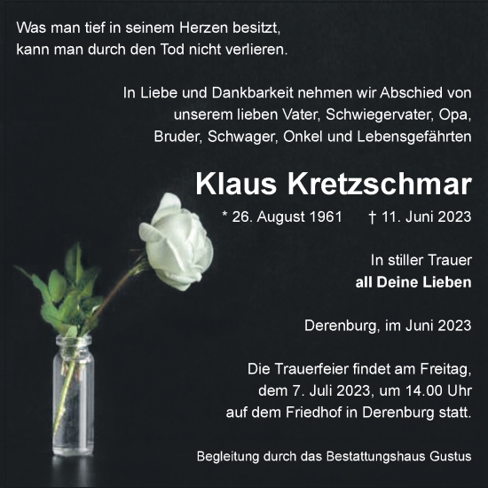Traueranzeige von Klaus Kretzschmar von Volksstimme Wernigerode