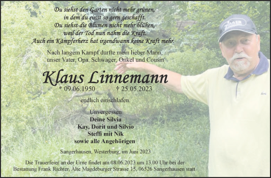 Traueranzeige von Klaus Linnemann von Trauerkombi Sangerhausen