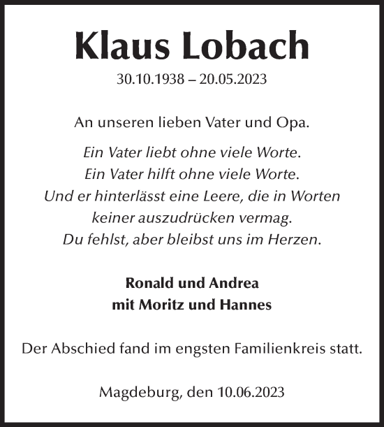 Traueranzeige von Klaus Lobach von Volksstimme Magdeburg
