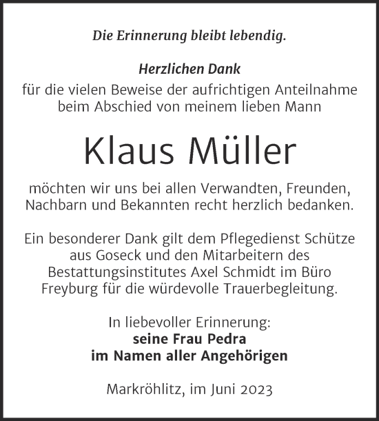 Traueranzeige von Klaus Müller von Trauerkombi Weißenfels