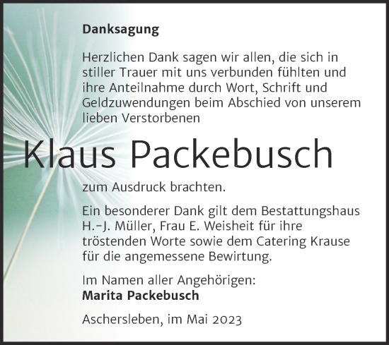 Traueranzeige von Klaus Packebusch von Trauerkombi Aschersleben
