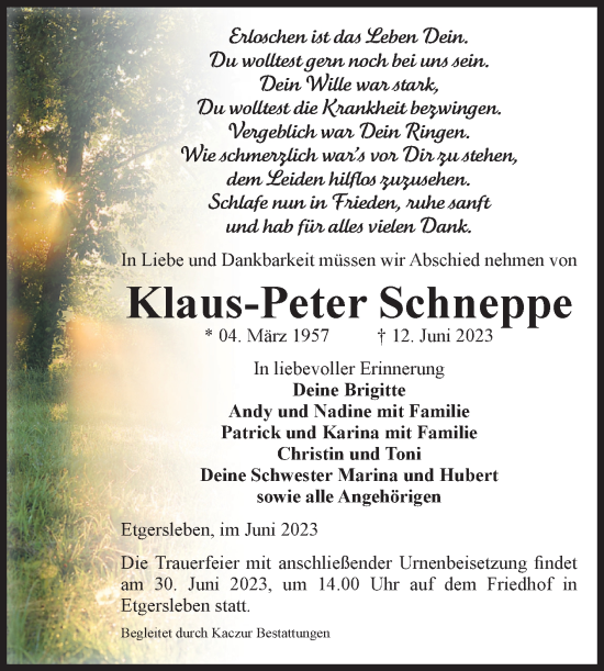 Traueranzeige von Klaus-Peter Schneppe von Volksstimme Staßfurt