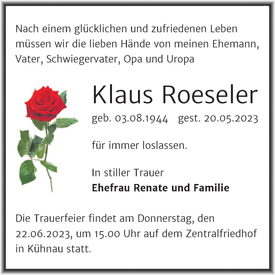 Traueranzeige von Klaus Roeseler von Trauerkombi Dessau