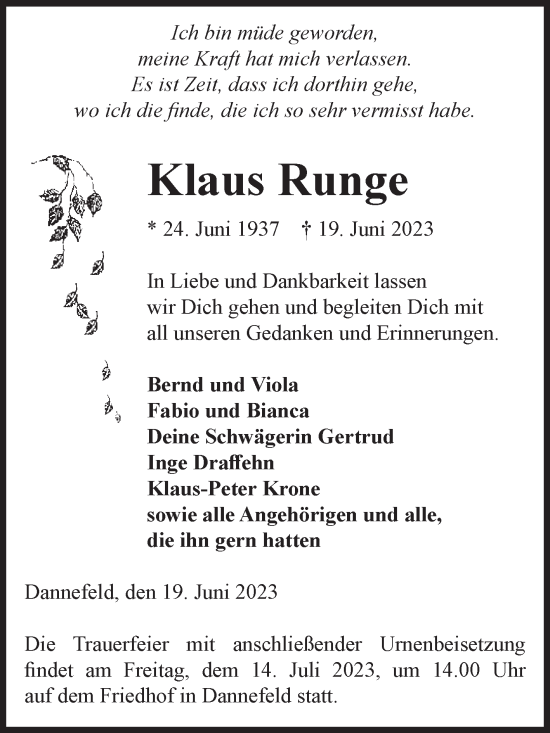 Traueranzeige von Klaus Runge von Volksstimme Altmark West