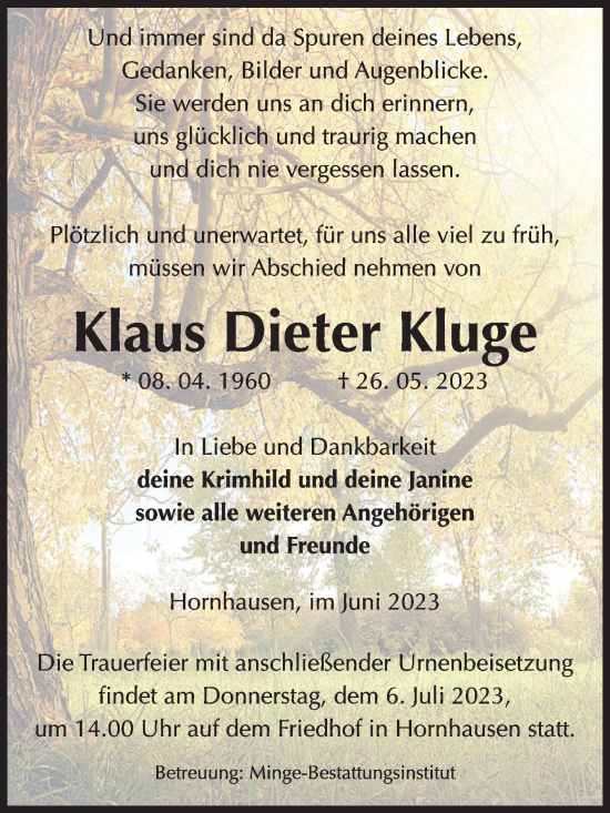 Traueranzeige von Klaus Dieter Kluge von Volksstimme Oschersleben/Wanzleben