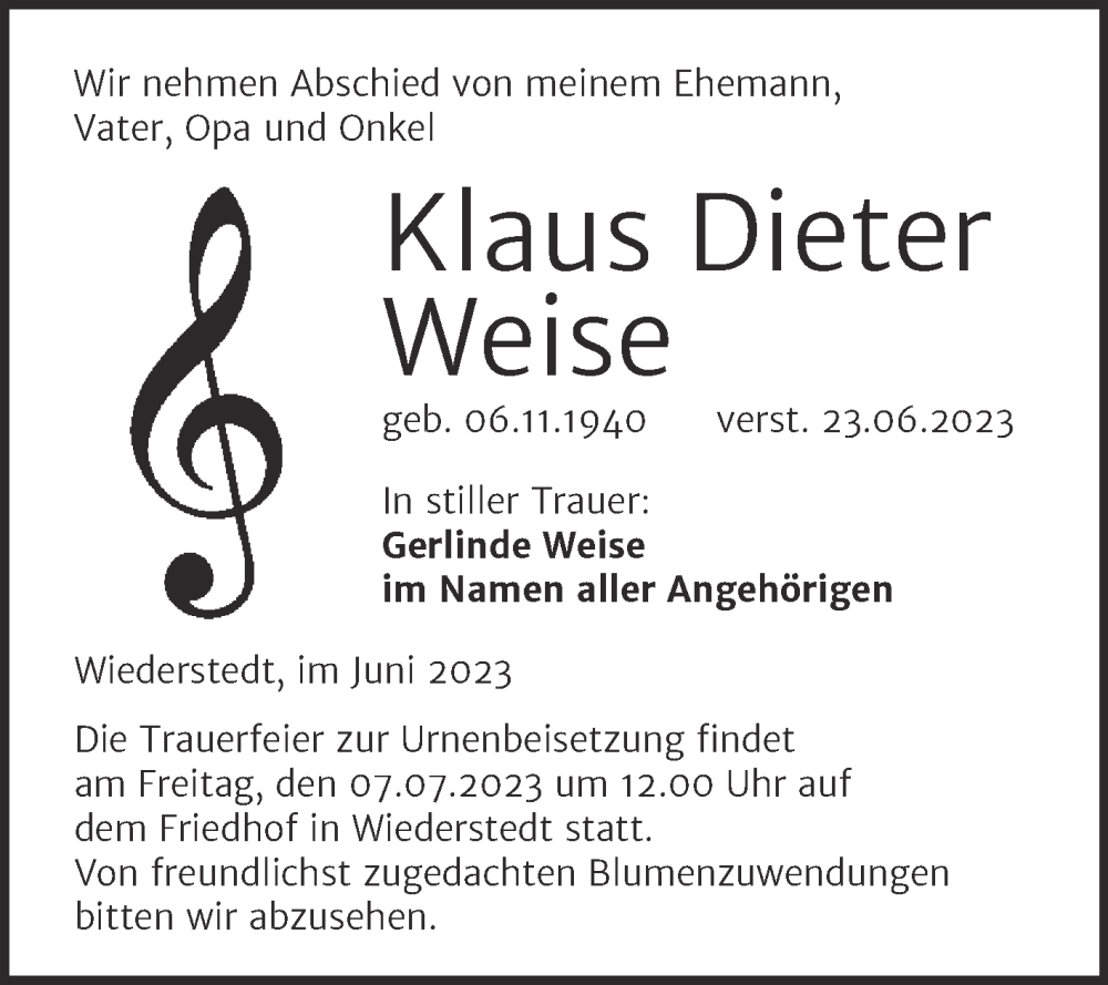 Traueranzeige für Klaus Dieter Weise vom 30.06.2023 aus Trauerkombi Mansfelder Land