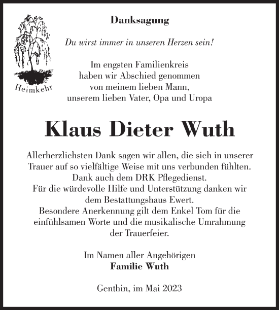 Traueranzeige von Klaus Dieter Wuth von Volksstimme Burg/Genthin