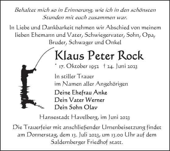 Traueranzeige von Klaus Peter Rock von Volksstimme Altmark Ost
