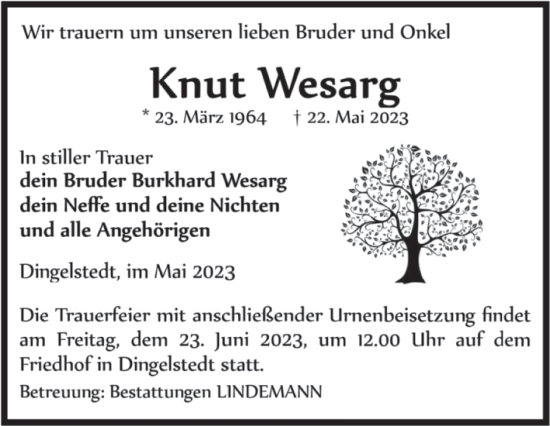 Traueranzeige von Knut Wesarg von Volksstimme Halberstadt