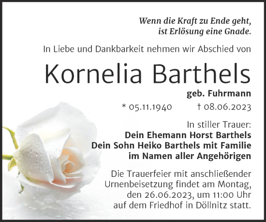 Traueranzeige von Kornelia Barthels von Mitteldeutsche Zeitung Halle/Saalkreis