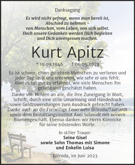 Traueranzeige von Kurt Apitz von Wochenspiegel Naumburg/Nebra