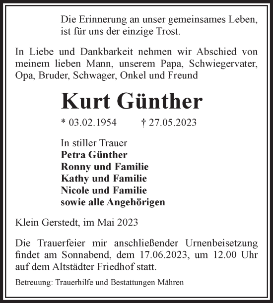 Traueranzeige von Kurt Günther von Volksstimme Altmark West