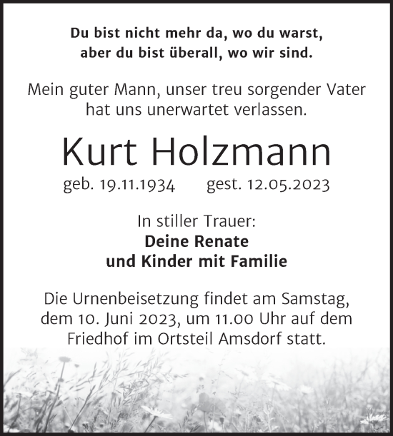 Traueranzeige von Kurt Holzmann von Trauerkombi Merseburg