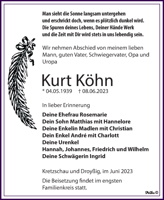 Traueranzeige von Kurt Köhn von Trauerkombi Zeitz
