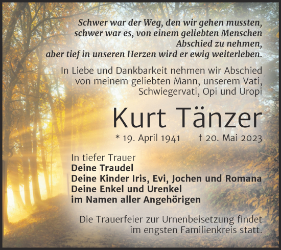 Traueranzeige von Kurt Tänzer von Trauerkombi Merseburg