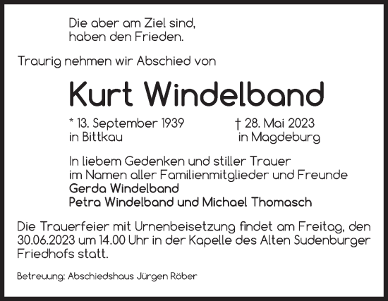 Traueranzeige von Kurt Windelband von Volksstimme Magdeburg