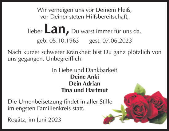 Traueranzeige von Lan  von Volksstimme Haldensleben/Wolmirstedt