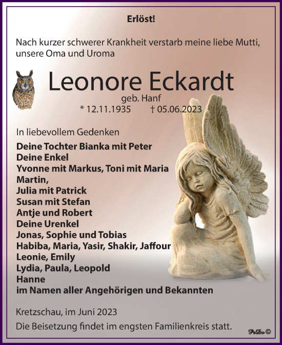 Traueranzeige von Leonore Eckardt von Trauerkombi Weißenfels
