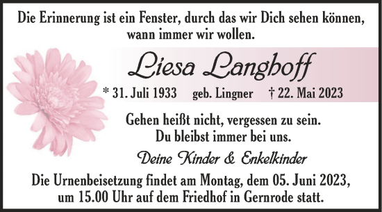 Traueranzeige von Liesa Langhoff von Trauerkombi Quedlinburg