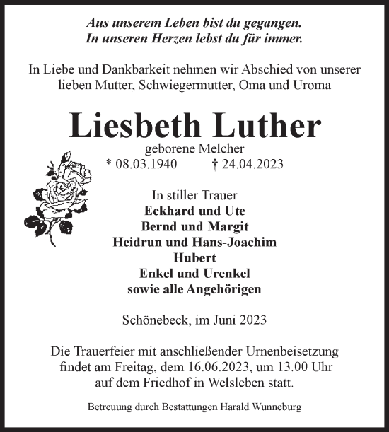 Traueranzeige von Liesbeth Luther von Volksstimme Schönebeck