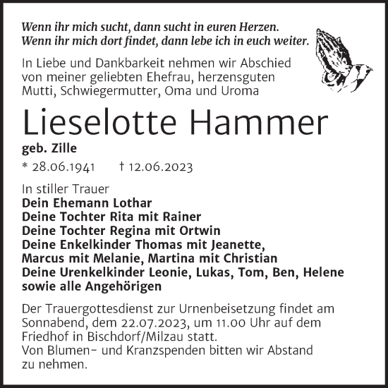 Traueranzeige von Lieselotte Hammer von Trauerkombi Merseburg