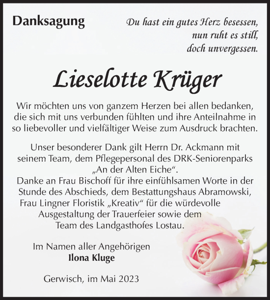 Traueranzeige von Lieselotte Krüger von Volksstimme Burg/Genthin