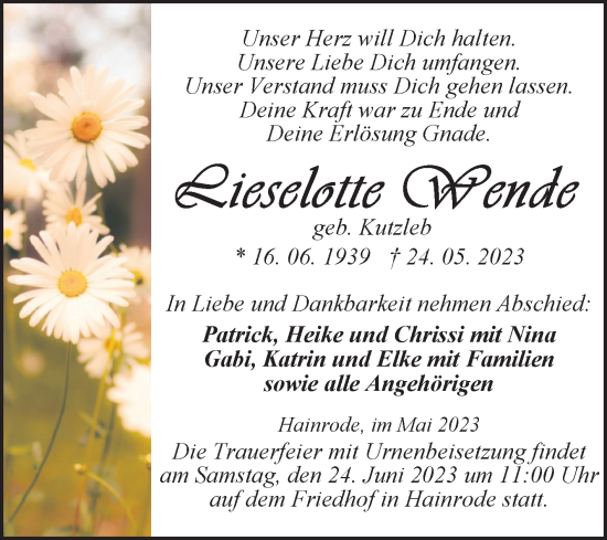 Traueranzeige von Lieselotte Wende von Trauerkombi Sangerhausen