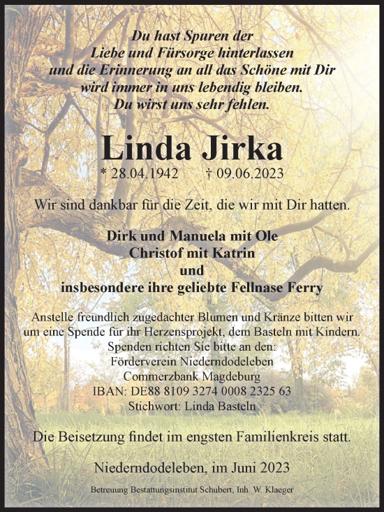 Traueranzeige von Linda Jirka von Volksstimme Magdeburg